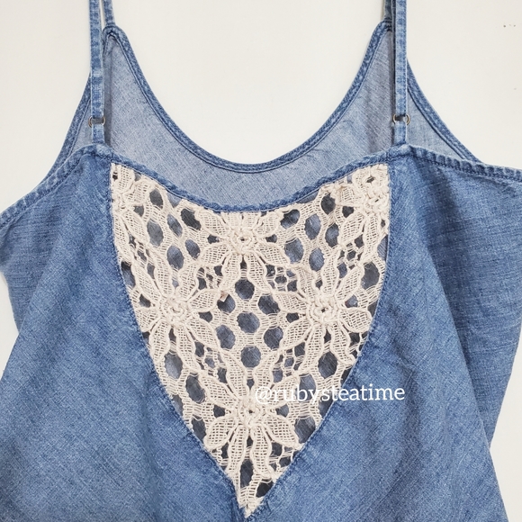 FREE PEOPLE Crochet Back Denim Lyocell Flowy Crop Tank Top, New With Tag - Picture 4 of 5
